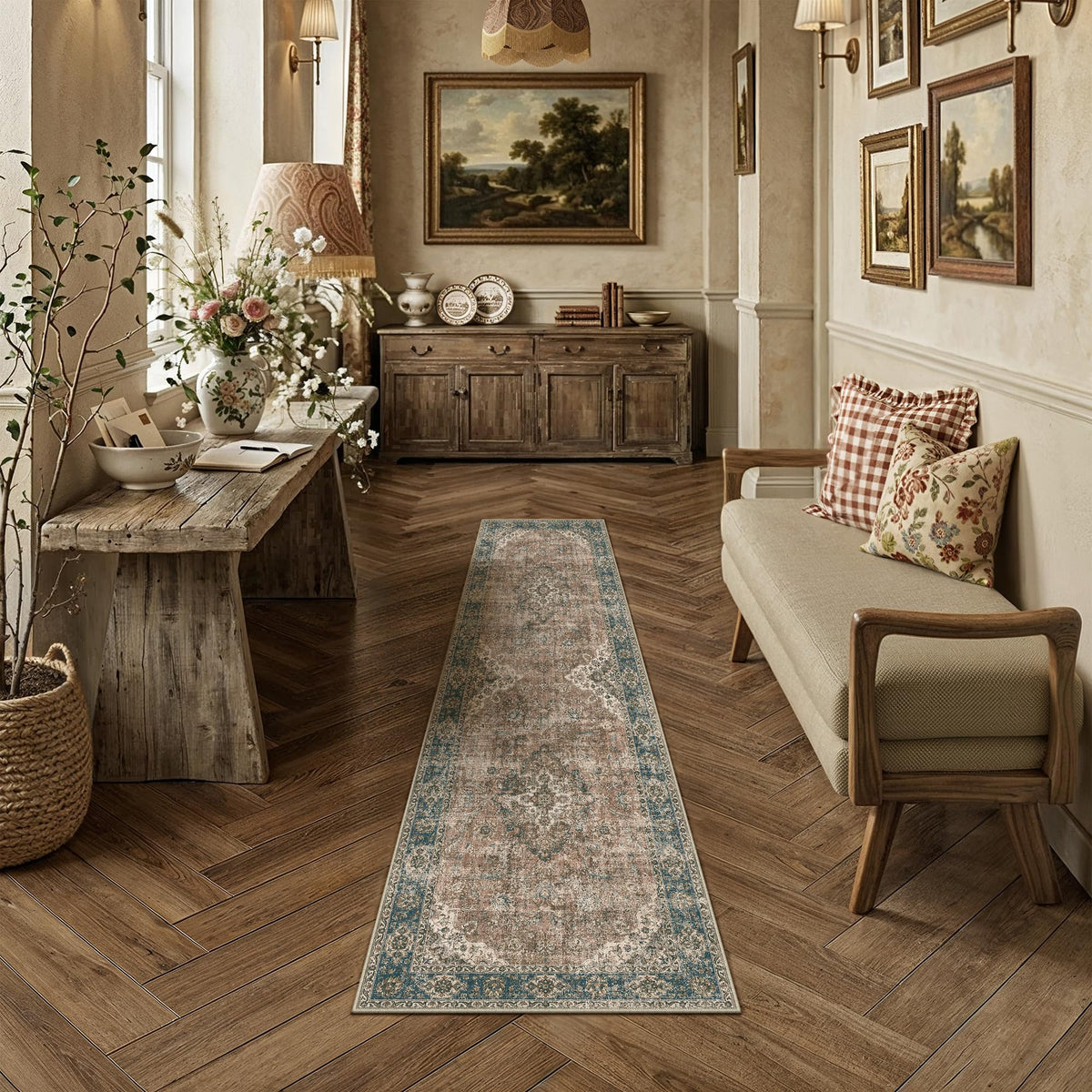 HUGEAR 2x6 Brown Vintage Floral Washable Runner Rug for Hallway