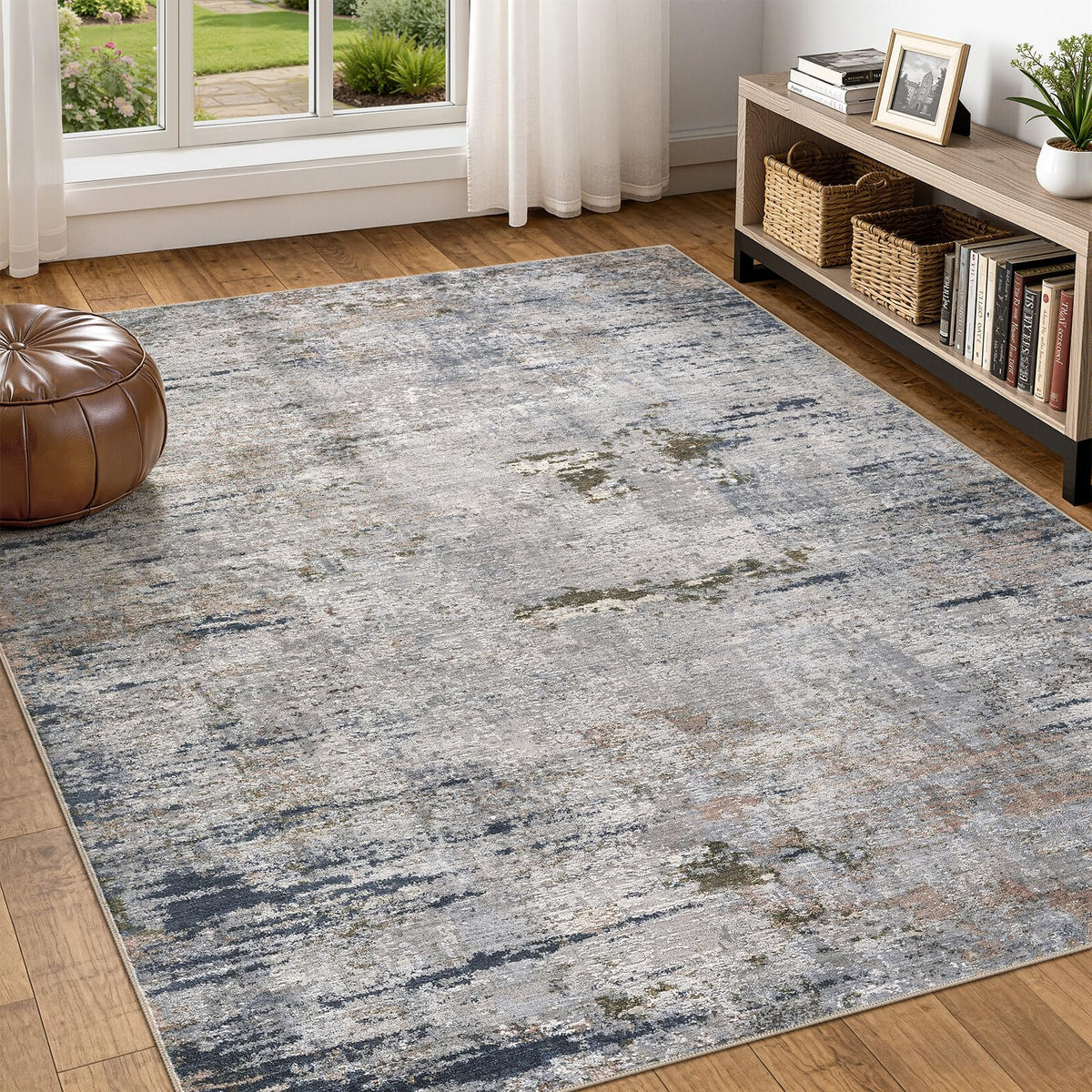 DMOYEST Area Rug Living Room Rugs 5x7 Washable Abstract Beige Blue Carpet