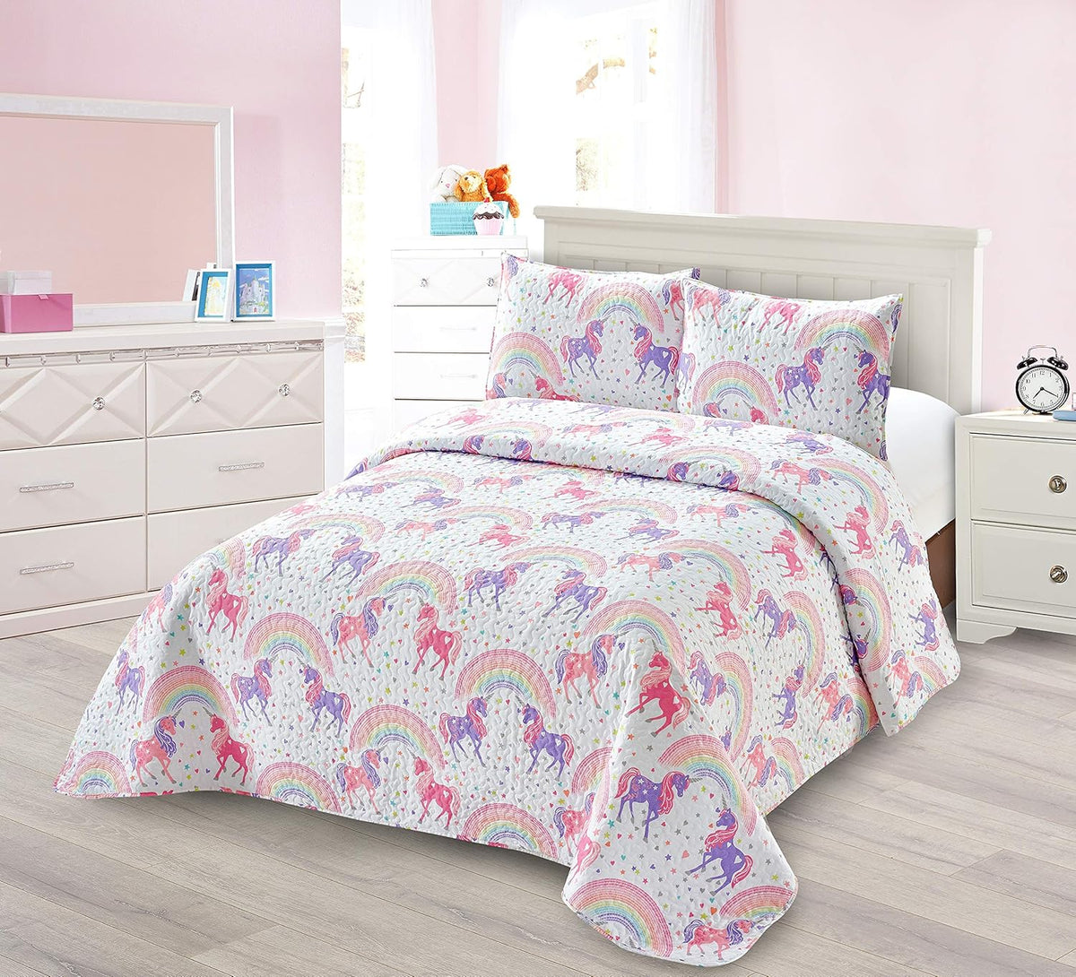 Kids Collection Bedspread Coverlet Kids/Teens Unicorn Stars Hearts Rainbow White Pink Purple Yellow Orange Grey New # Unicorn Two (Full/Queen)