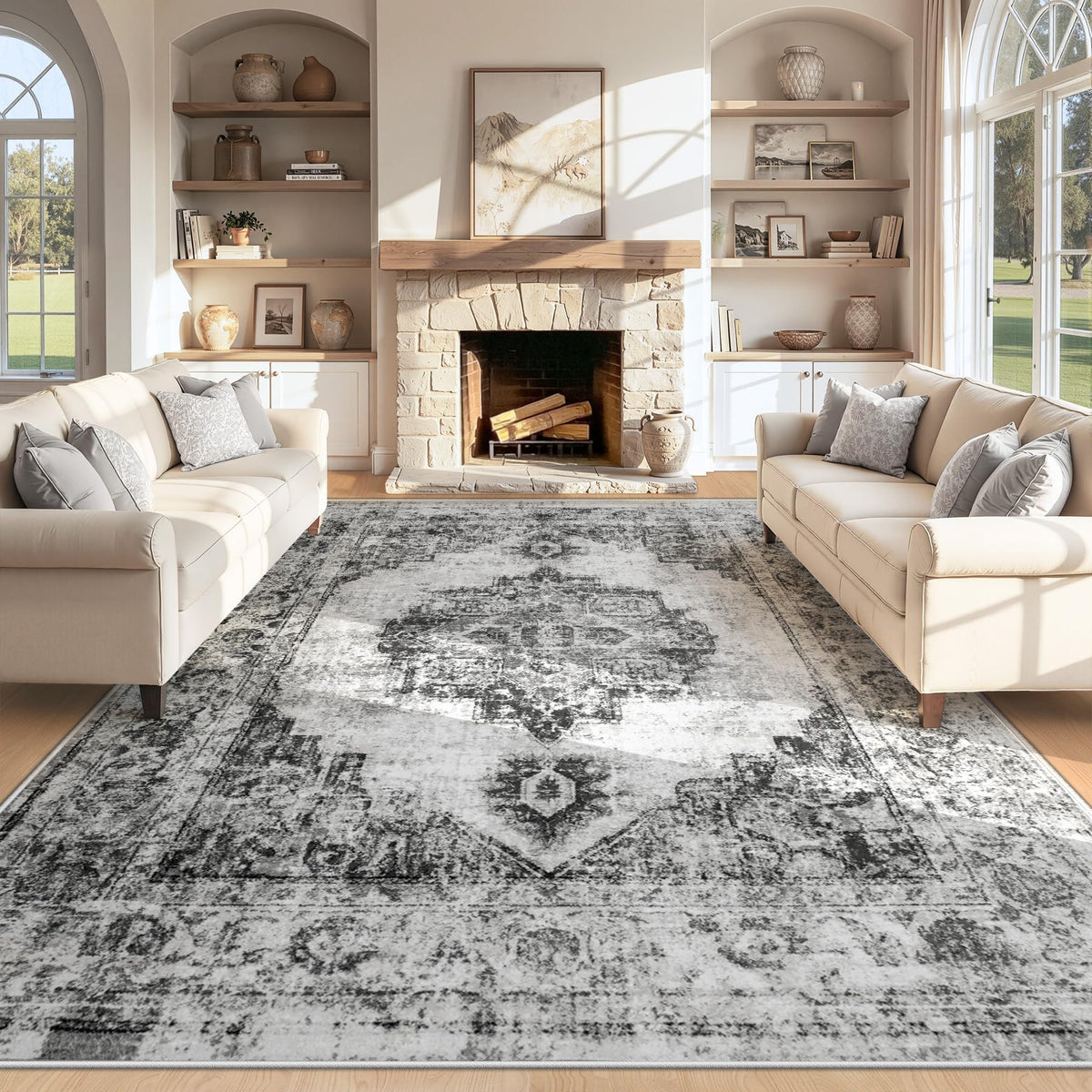 Area Rug 5x7 Vintage Rug: Washable Indoor Medallion Rugs Low Pile Distressed Floor Carpet Retro Accent Rug for Living Room Bedroom Kitchen Dining Table Home Office(Beige, 5'x7')