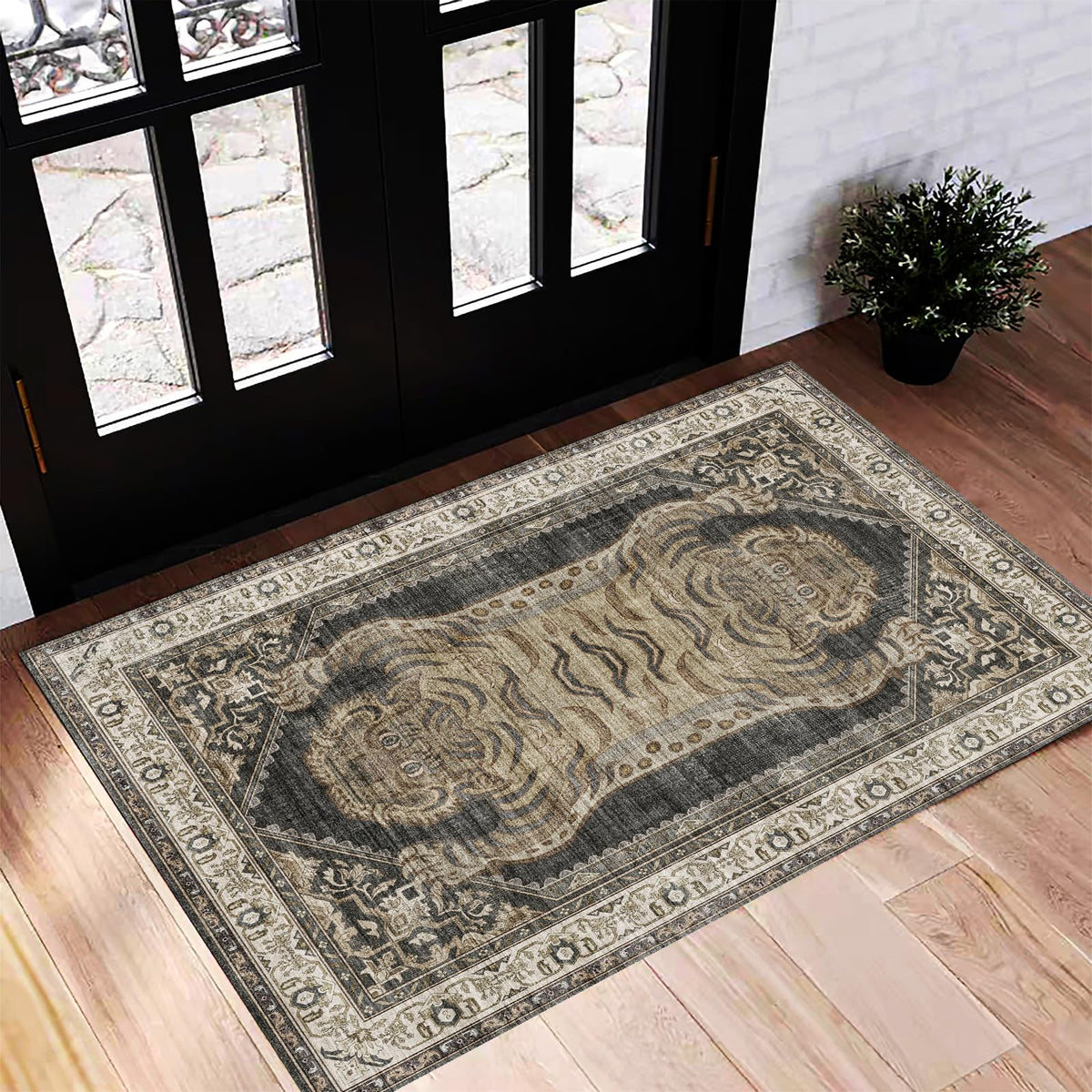 CHAMPLANT Area Rug 4x6 Washable Rug Gray Vintage Traditional Floor Cover Foldable Thin Retro Accent Indoor Distressed Non Slip Carpet Floral Print Mat Bedroom Living Room Bathroom