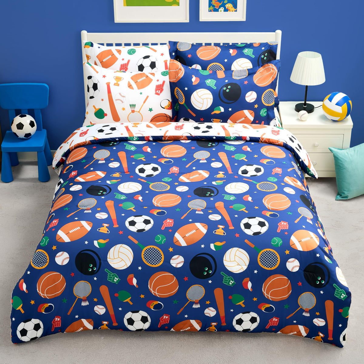 Joiedomi Kids Comforter Set Bedding Set for Boys Girls Super Soft Microfiber Bed in a Bag with Comforter Sheets Pillowcase Sham, Dark Blue Dinosaur, Twin