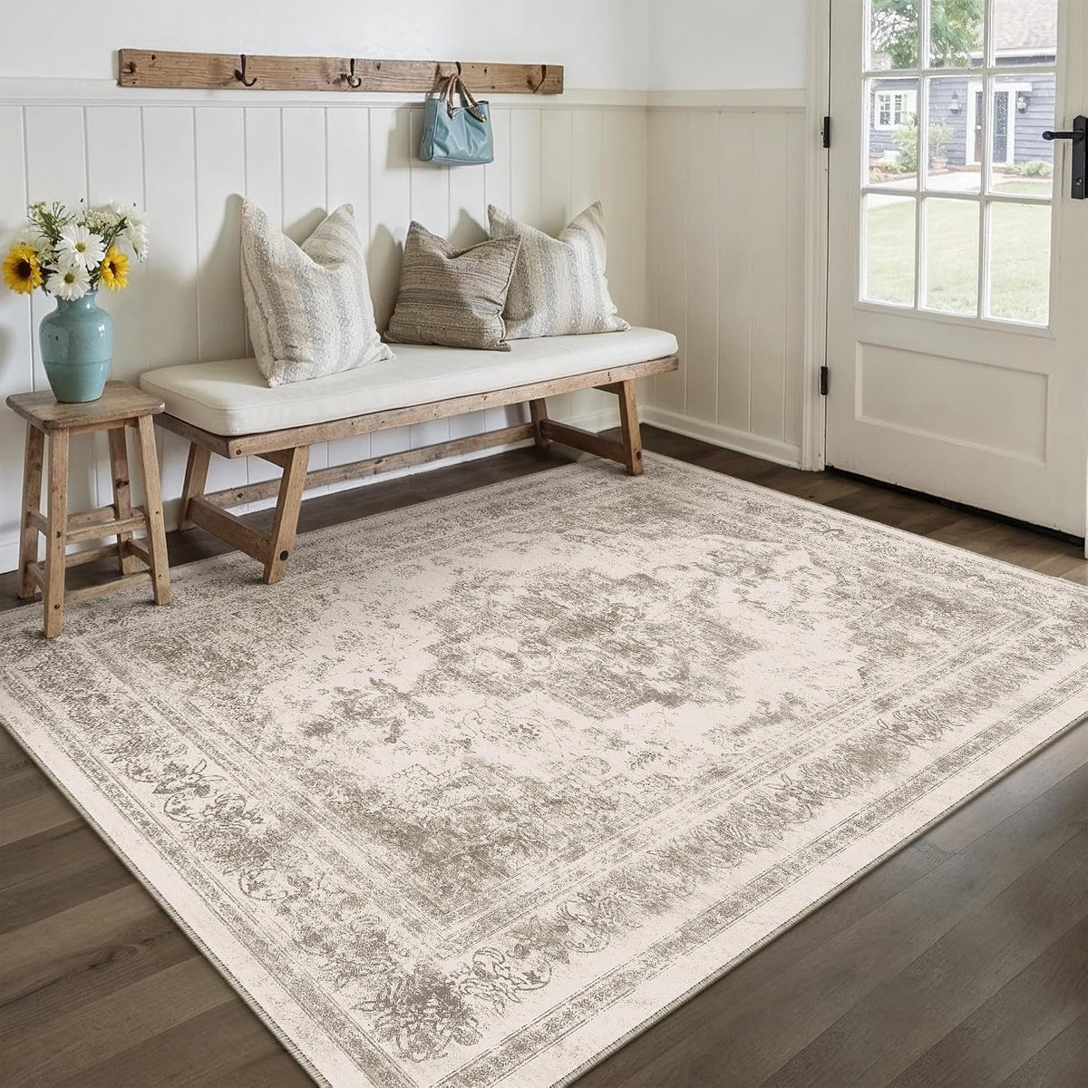 PureCozy Beige Area Rug 5x7 Vintage Farmhouse Floral