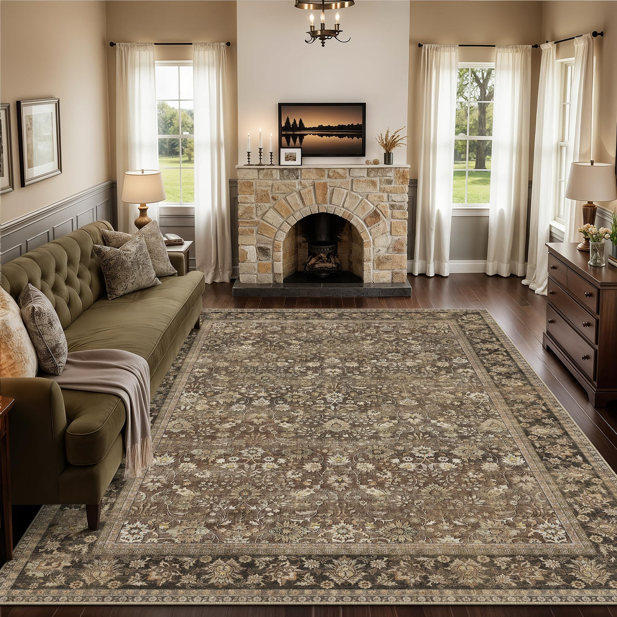 HUGEAR 2x6 Brown Vintage Floral Washable Runner Rug for Hallway