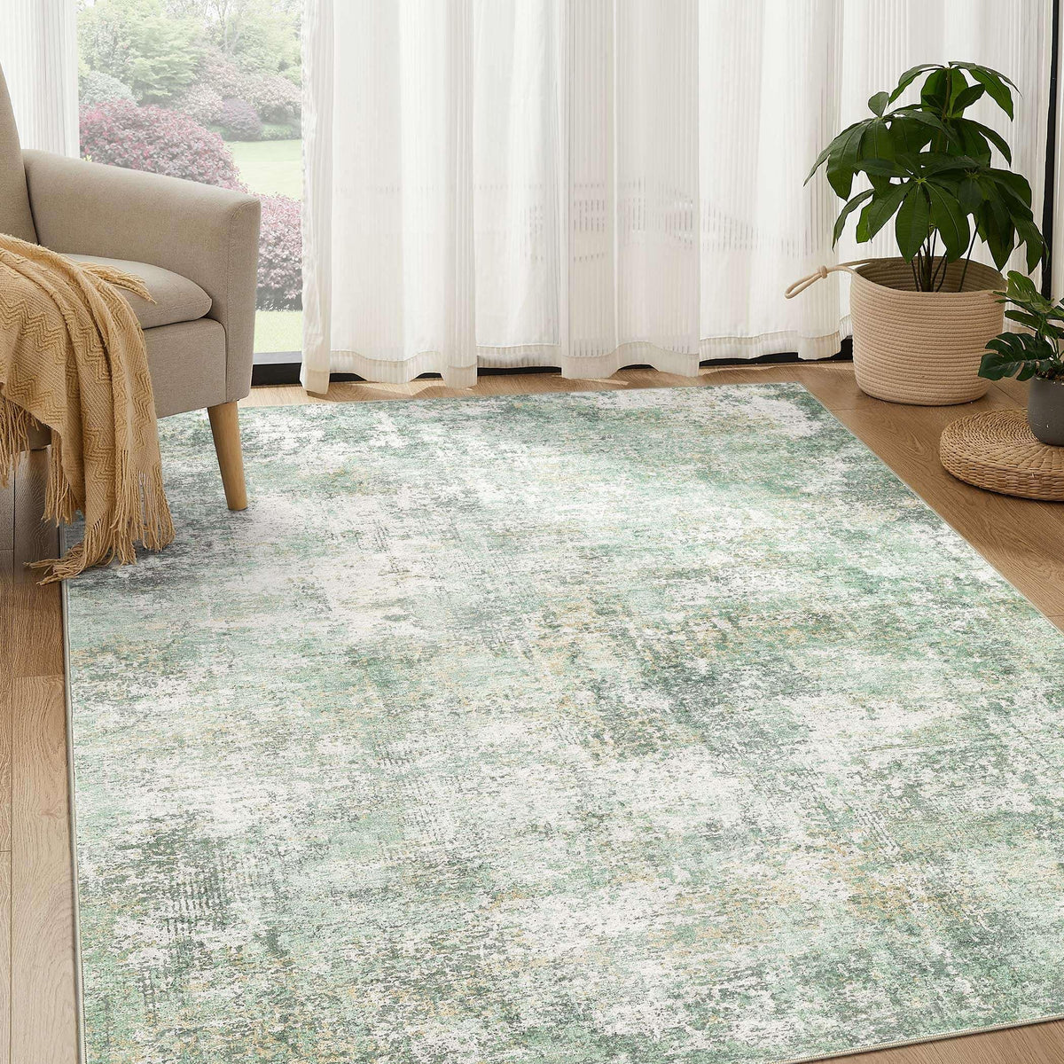 DMOYEST Area Rug Living Room Rugs 5x7 Washable Abstract Beige Blue Carpet