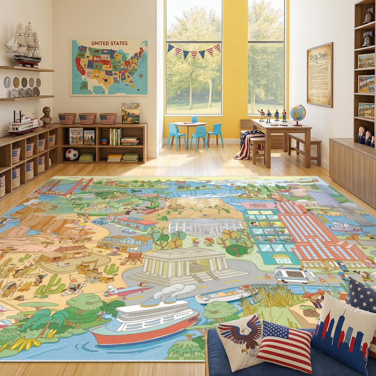 Hazo Haus Washable Kids Playroom Rug – 5x7 Play Rug for Preschool Toddlers, Girls, Educational with Cute Animals – Non-Slip, Stain Resistant, Soft & Safe for Bedroom, Play Room and Classroom - Blue