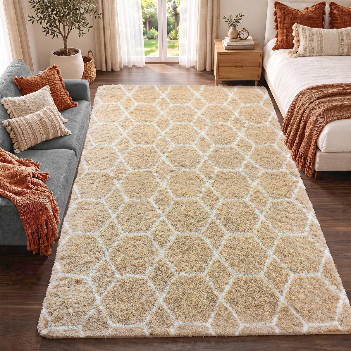 Area Rugs for Bedroom Living Room, 4x6 Fluffy Grey and Black Geometric Rug