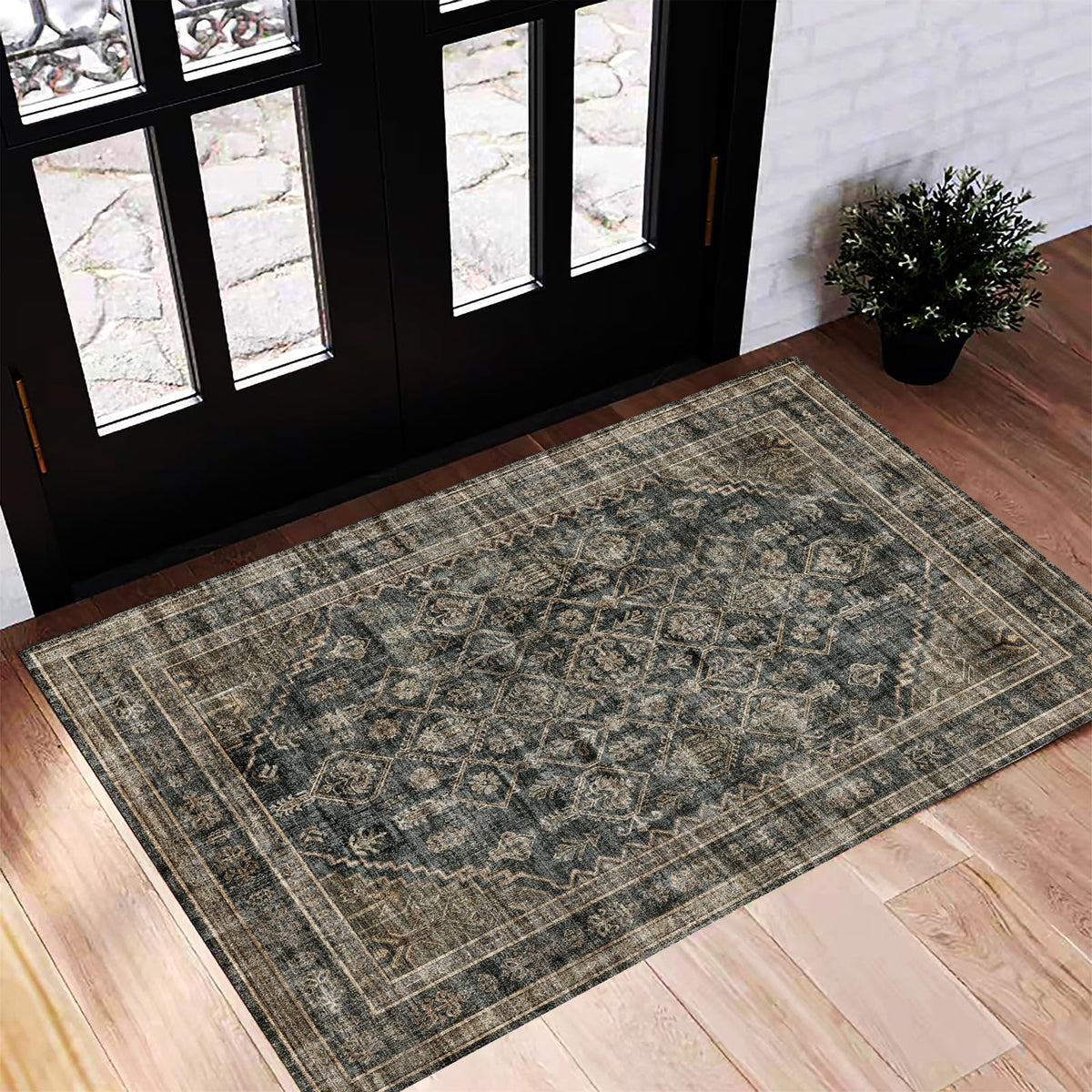 CHAMPLANT Area Rug 4x6 Washable Rug Gray Vintage Traditional Floor Cover Foldable Thin Retro Accent Indoor Distressed Non Slip Carpet Floral Print Mat Bedroom Living Room Bathroom