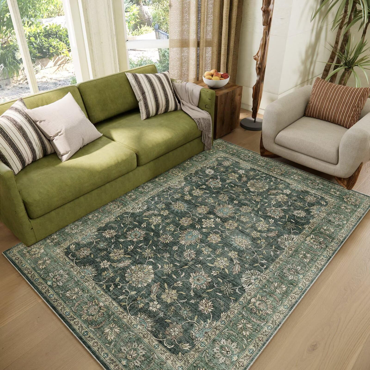 Washable 10x14 Area Rugs for Living Room, Ivory/Sage Gold