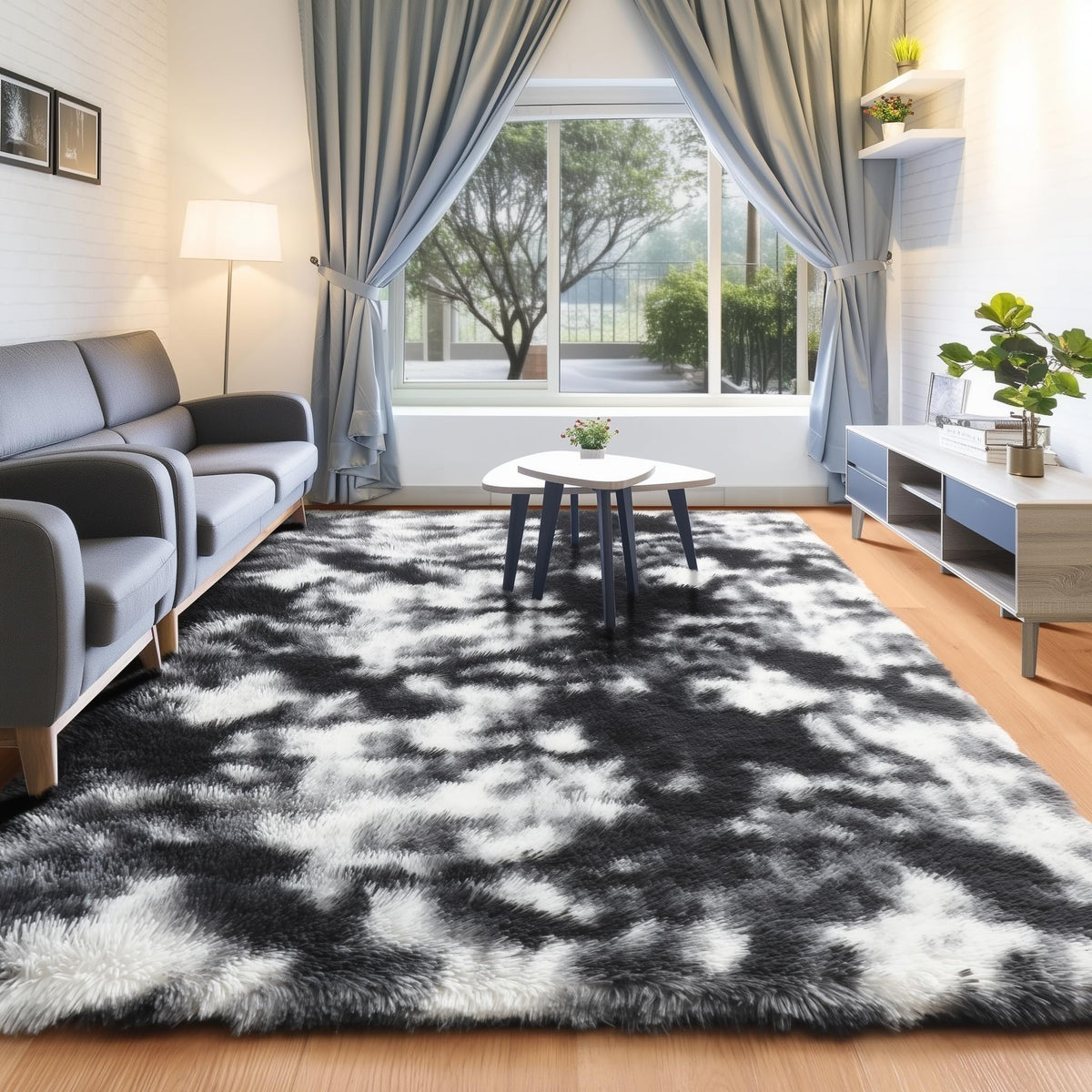 Area Rugs for Bedroom Living Room, 4x6 Fluffy Grey and Black Geometric Rug