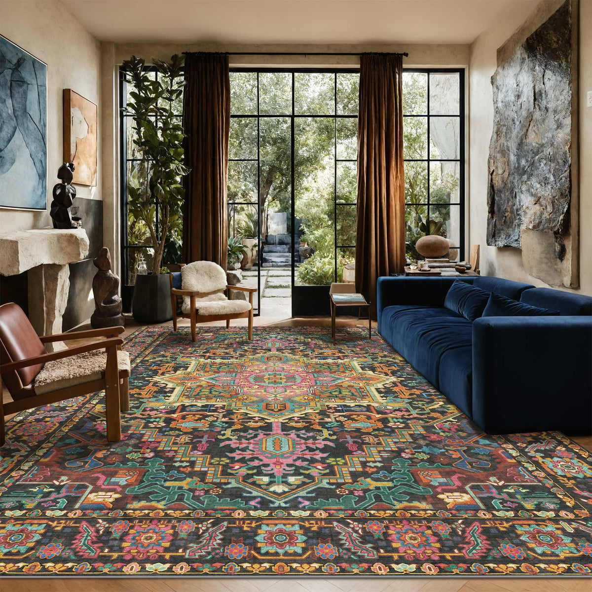 Kokia 9x12 Washable Area Rugs Maroon with Vintage Orient Design, Soft Rug for Living Room or Bedroom, Non-Slip Low Pile Stain Resistance Features, Distressed Medallion Pattern