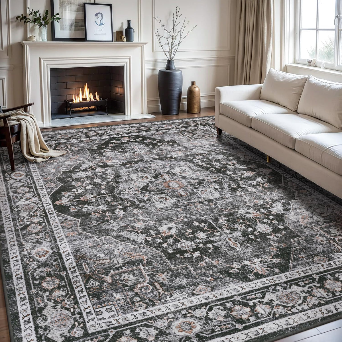 AMOAMI-Area Rug 5X7 Rugs for Living Room-Vintage Soft Beige Rugs for Bedroom-Non Slip Carpet-Machine Washable Rug for Dining Room Living Room Bedroom Office Under Table-Beige