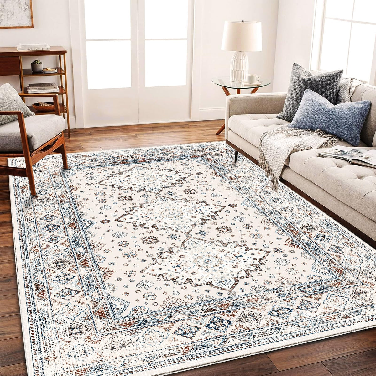 CHAMPLANT Area Rug 4x6 Washable Rug Gray Vintage Traditional Floor Cover Foldable Thin Retro Accent Indoor Distressed Non Slip Carpet Floral Print Mat Bedroom Living Room Bathroom