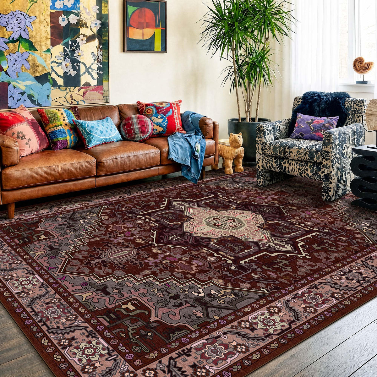 Kokia 9x12 Washable Area Rugs Maroon with Vintage Orient Design, Soft Rug for Living Room or Bedroom, Non-Slip Low Pile Stain Resistance Features, Distressed Medallion Pattern