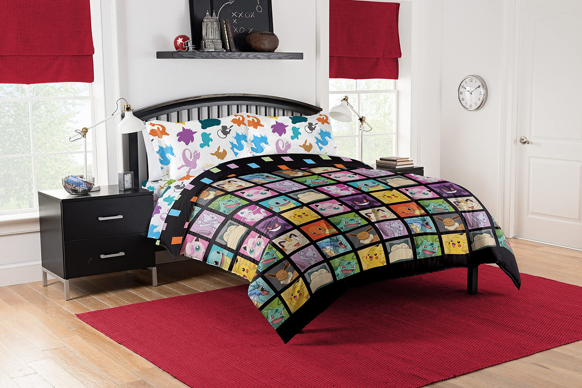 Northwest Pokemon First Starters Full Size Bed in a Bag Set, Pikachu Charmander Squirtle Bulbasaur, Kids Boys Girls Bedding Comforter Sheets