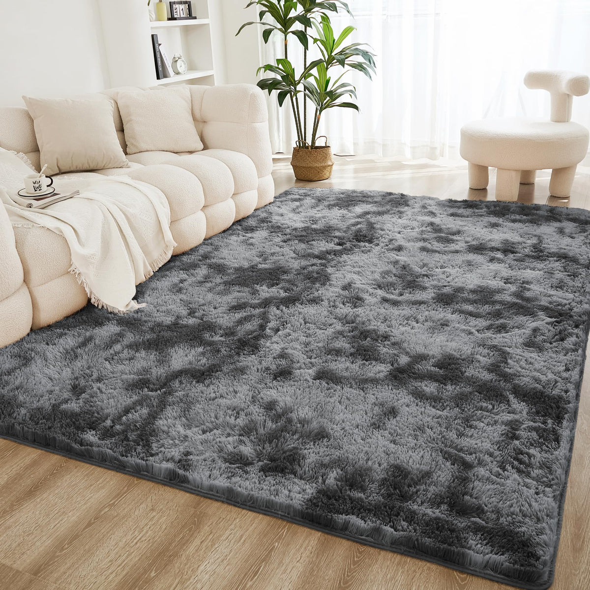 Litanika 4x6 Shag Area Rug for Bedroom, Tie-Dyed Beige Plush Rug