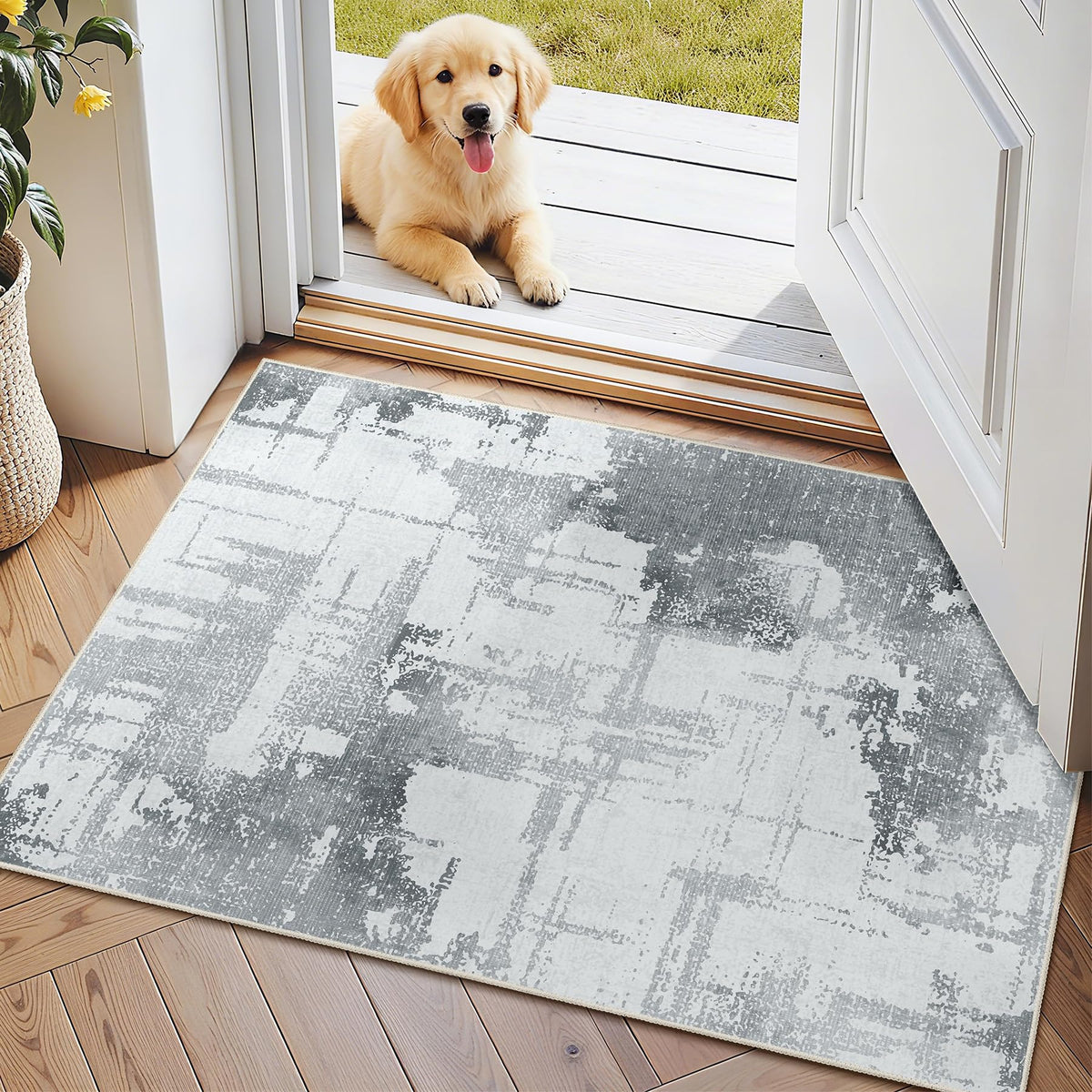 Beige Rug 3x5 Washable Area Rugs for Bedroom Living Room Kitchen Entryway Bedside,Small Modern Marble Abstract Non Slip Carpet