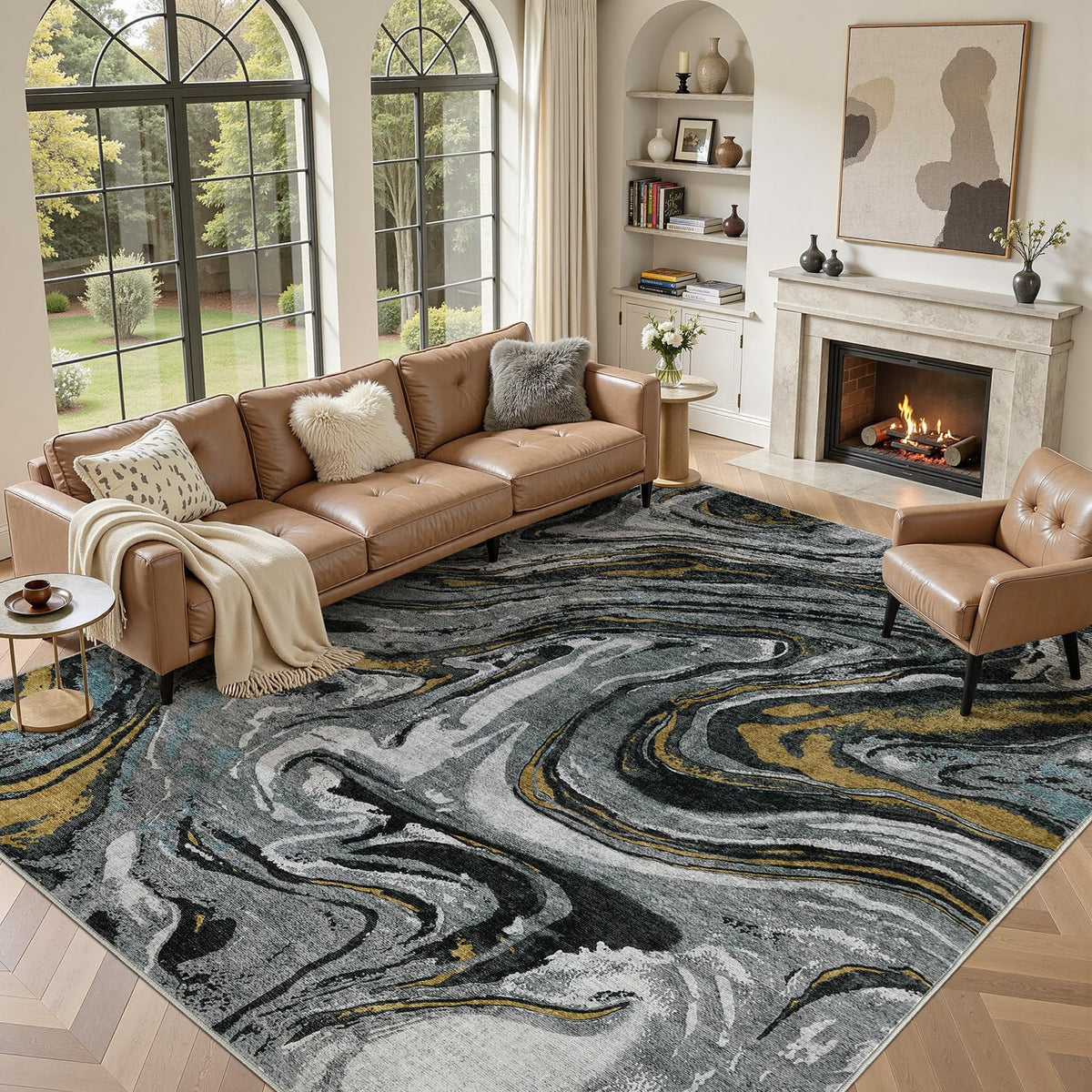DMOYEST Area Rug Living Room Rugs 5x7 Washable Abstract Beige Blue Carpet