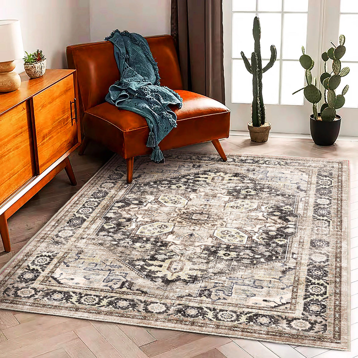 CHAMPLANT Area Rug 4x6 Washable Rug Gray Vintage Traditional Floor Cover Foldable Thin Retro Accent Indoor Distressed Non Slip Carpet Floral Print Mat Bedroom Living Room Bathroom