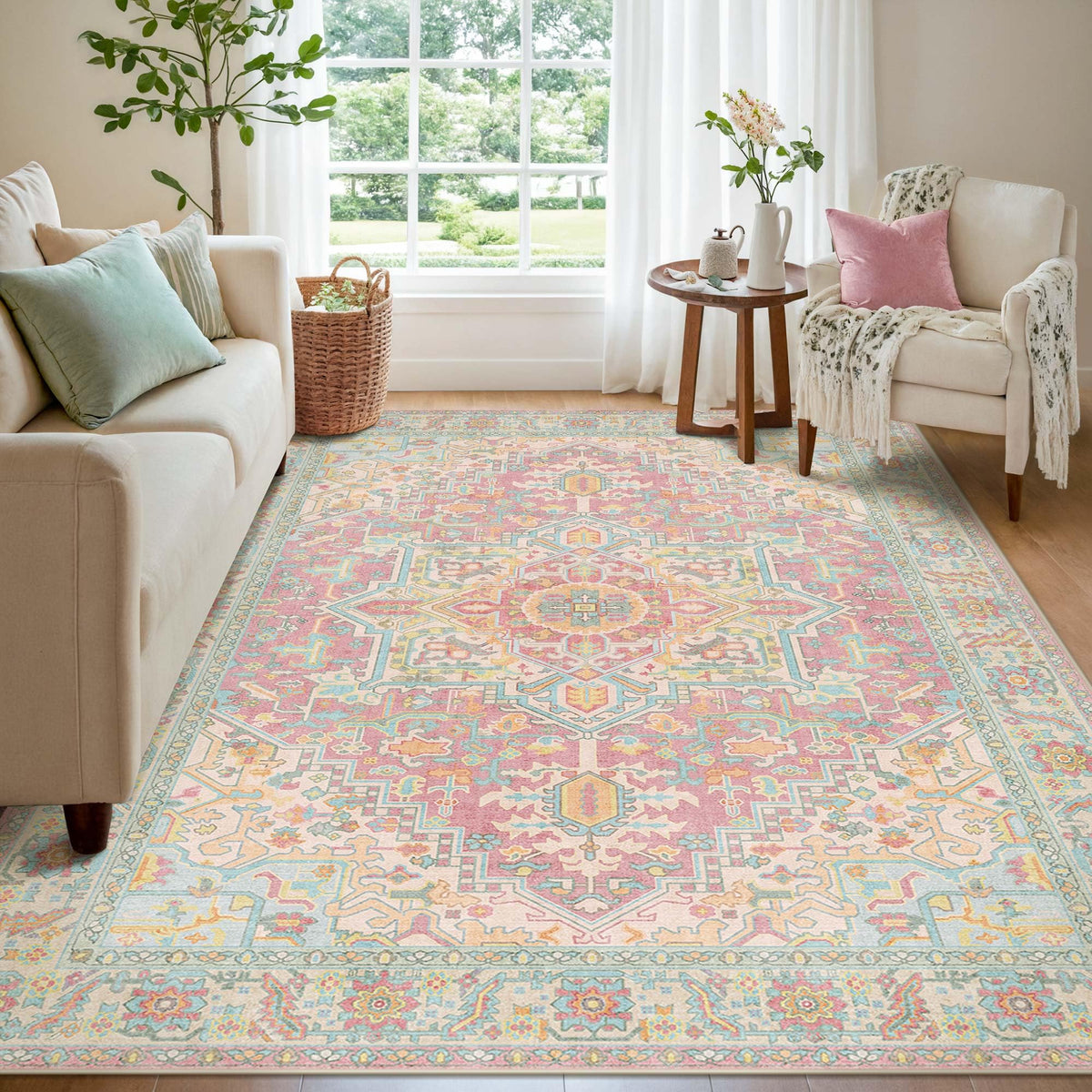 Kokia 9x12 Washable Area Rugs Maroon with Vintage Orient Design, Soft Rug for Living Room or Bedroom, Non-Slip Low Pile Stain Resistance Features, Distressed Medallion Pattern