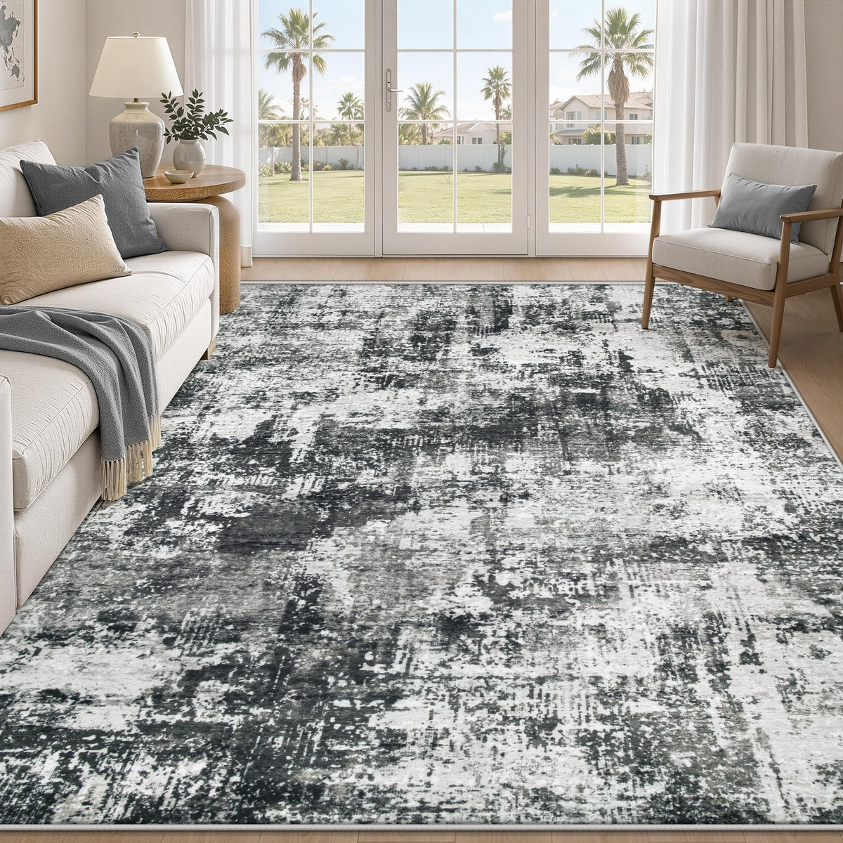 MXSANYOO 6x9 Area Rugs Washable Rug: Abstract Neutral Rugs Modern Non Slip Area Rug Stain Resistant Low Pile Indoor Carpet for Dining Room Bedroom Nursery Office (Beige, 6'x9')