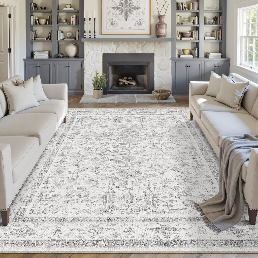 PureCozy Beige Area Rug 5x7 Vintage Farmhouse Floral