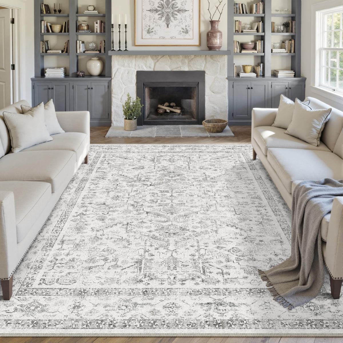 PureCozy Beige Area Rug 5x7 Vintage Farmhouse Floral