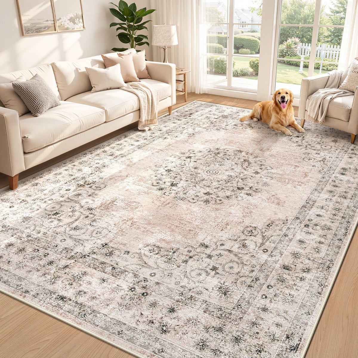Area Rug 5x7 Vintage Rug: Washable Indoor Medallion Rugs Low Pile Distressed Floor Carpet Retro Accent Rug for Living Room Bedroom Kitchen Dining Table Home Office(Beige, 5'x7')