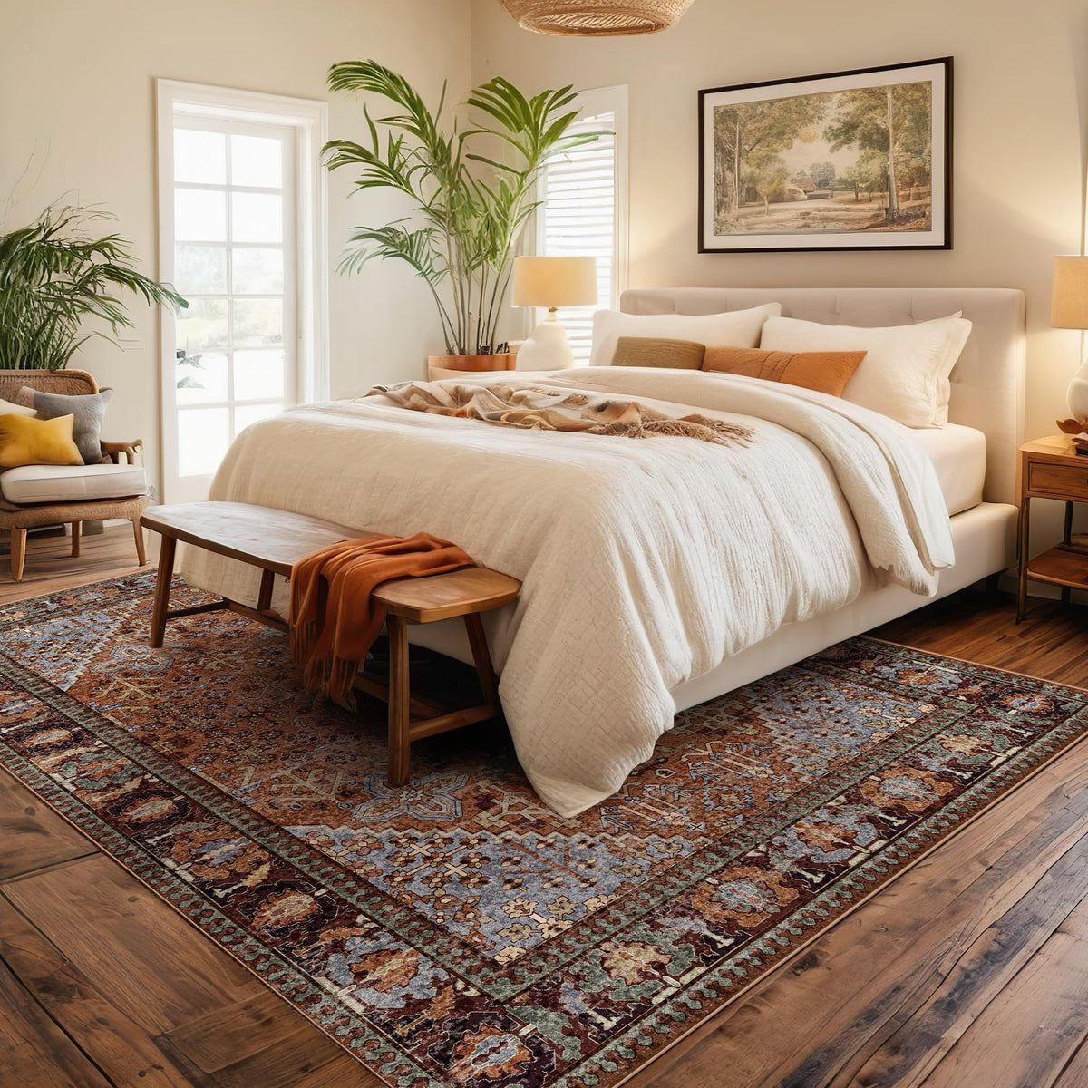 Kokia 9x12 Washable Area Rugs Maroon with Vintage Orient Design, Soft Rug for Living Room or Bedroom, Non-Slip Low Pile Stain Resistance Features, Distressed Medallion Pattern