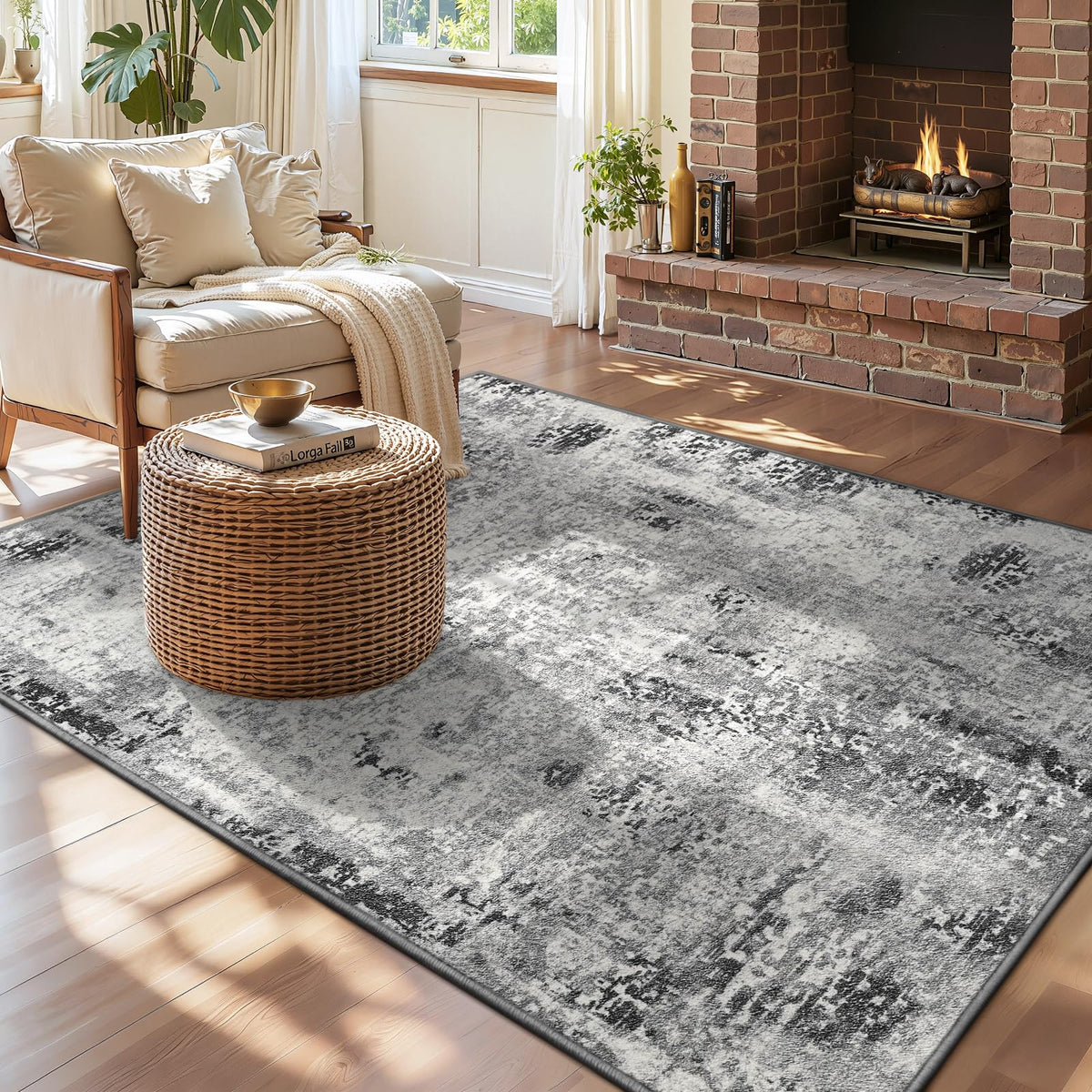 Living Room Rug 5x7 Gray Area Rug Machine Washable Boho Rug Non Slip Abstract Vintage Indoor Large Rugs for Bedroom, Classroom, College Dorm, Farmhouse, Dining Room, Kids Playroom