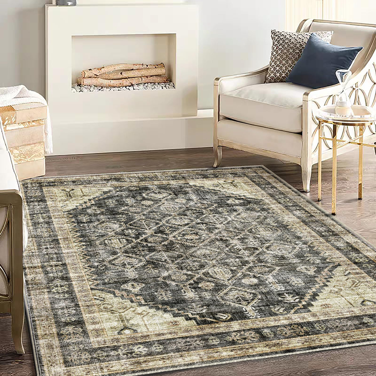 CHAMPLANT Area Rug 4x6 Washable Rug Gray Vintage Traditional Floor Cover Foldable Thin Retro Accent Indoor Distressed Non Slip Carpet Floral Print Mat Bedroom Living Room Bathroom