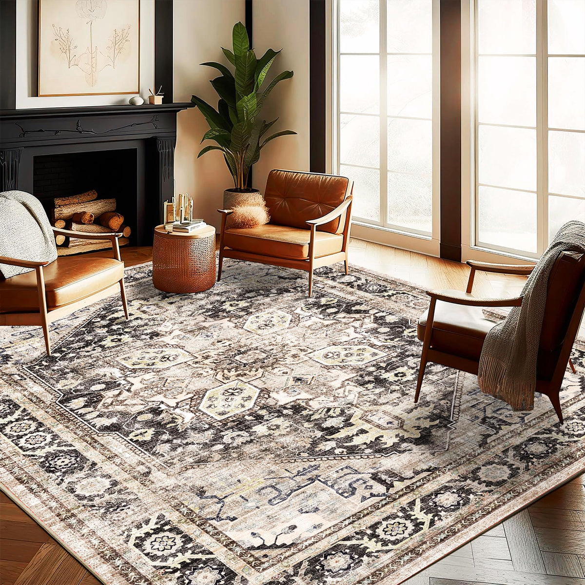 CHAMPLANT Area Rug 4x6 Washable Rug Gray Vintage Traditional Floor Cover Foldable Thin Retro Accent Indoor Distressed Non Slip Carpet Floral Print Mat Bedroom Living Room Bathroom