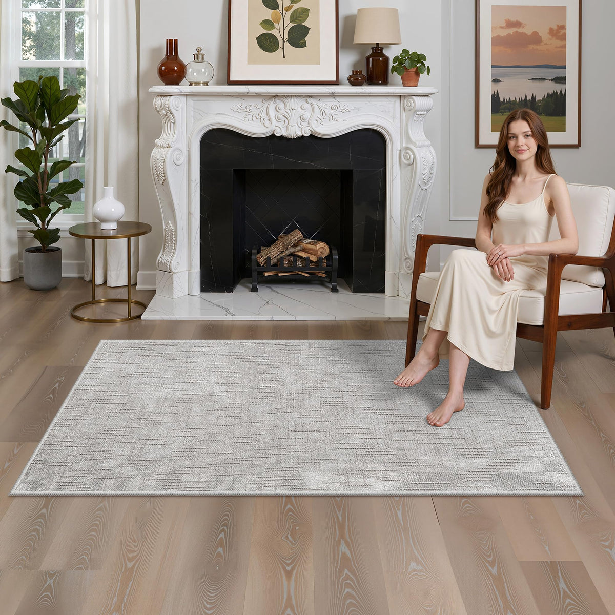 Valenrug Beige 8x10 Area Rugs for Living Room, Large Washable Rug Non Slip