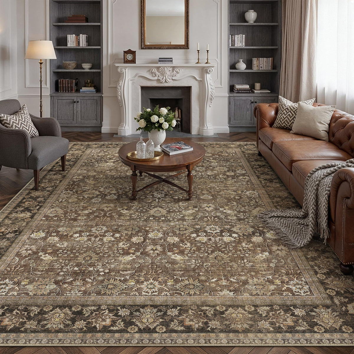 HUGEAR 2x6 Brown Vintage Floral Washable Runner Rug for Hallway