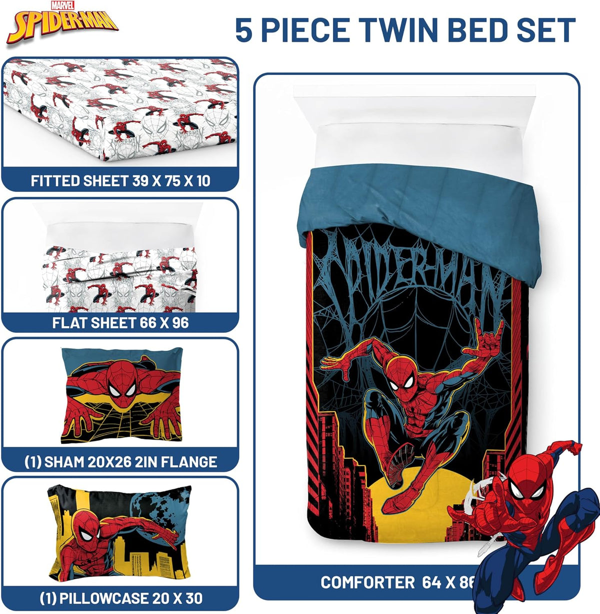 Jay Franco Kids Comforter Set Includes Sheets and Pillow Covers - Soft and Cozy Bed Set for Stylish Room Decor, Official Licensed Bedding, Black - Spiderman, 5 Piece Twin