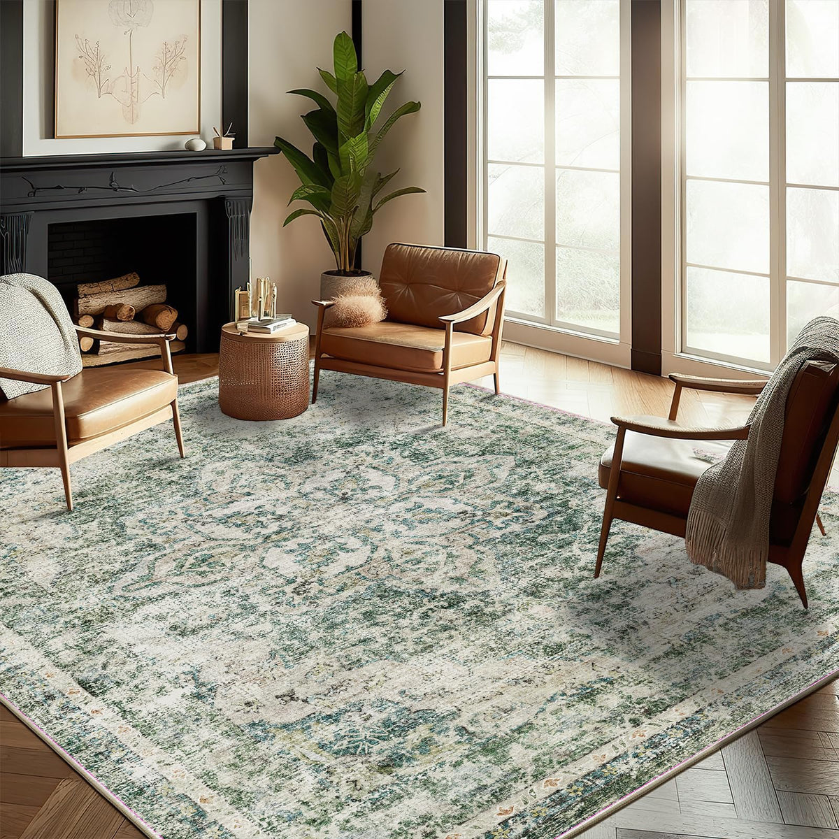 CHAMPLANT Area Rug 4x6 Washable Rug Gray Vintage Traditional Floor Cover Foldable Thin Retro Accent Indoor Distressed Non Slip Carpet Floral Print Mat Bedroom Living Room Bathroom