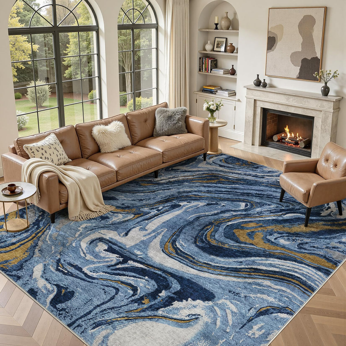 DMOYEST Area Rug Living Room Rugs 5x7 Washable Abstract Beige Blue Carpet
