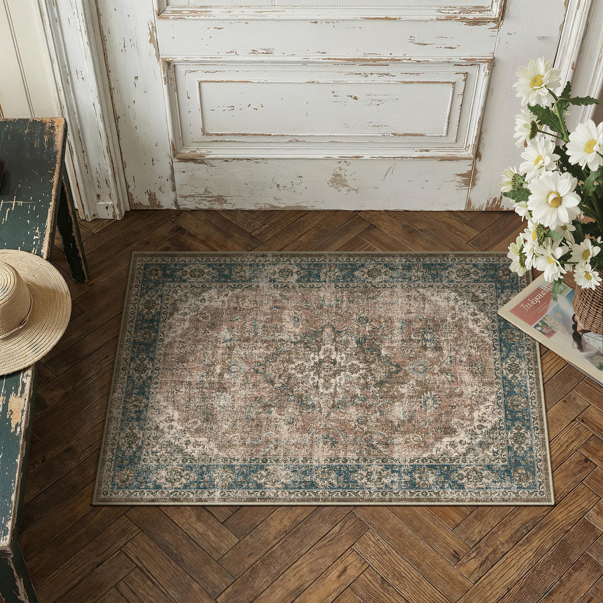 HUGEAR 2x6 Brown Vintage Floral Washable Runner Rug for Hallway