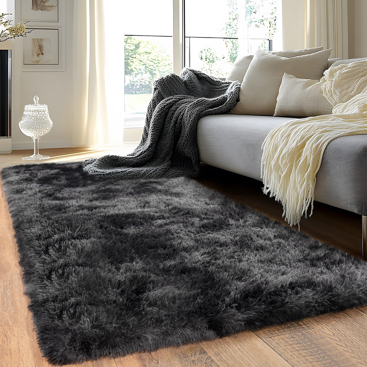 Black Rug for Bedroom, Soft Shaggy Modern Shag 4x6 Area Rugs for Living Room, Upgrade Non-Slip Plush Fluffy Carpet for Kids Boys Girls Room Dorm Home Decor Aesthetic