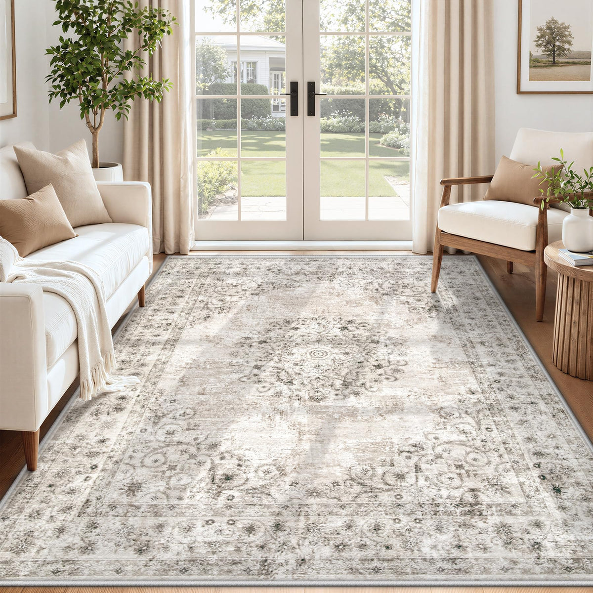 Area Rug 5x7 Vintage Rug: Washable Indoor Medallion Rugs Low Pile Distressed Floor Carpet Retro Accent Rug for Living Room Bedroom Kitchen Dining Table Home Office(Beige, 5'x7')