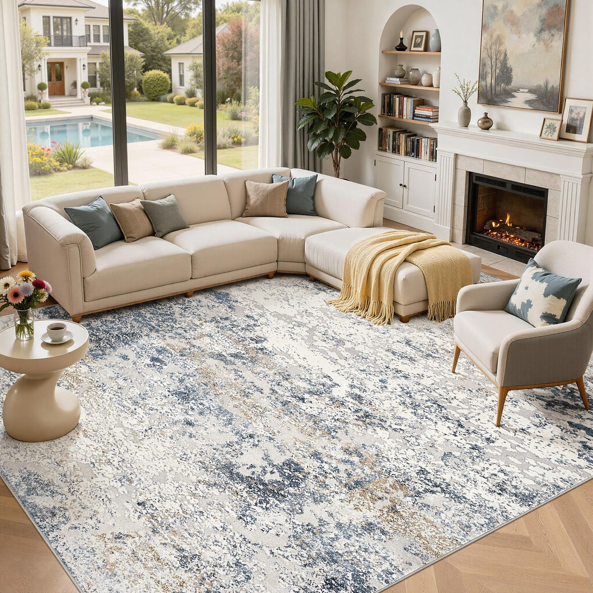 DMOYEST Area Rug Living Room Rugs 5x7 Washable Abstract Beige Blue Carpet