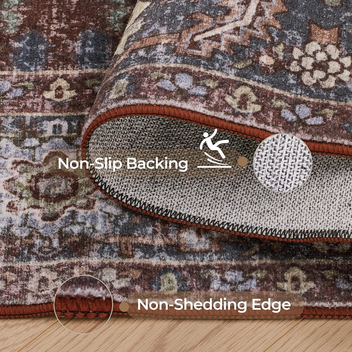 Kokia 9x12 Washable Area Rugs Maroon with Vintage Orient Design, Soft Rug for Living Room or Bedroom, Non-Slip Low Pile Stain Resistance Features, Distressed Medallion Pattern
