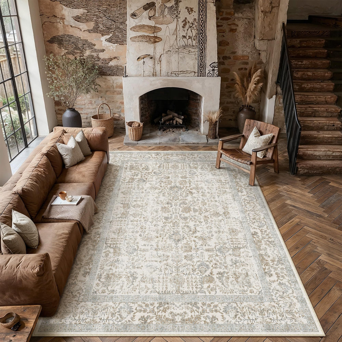PureCozy Beige Area Rug 5x7 Vintage Farmhouse Floral