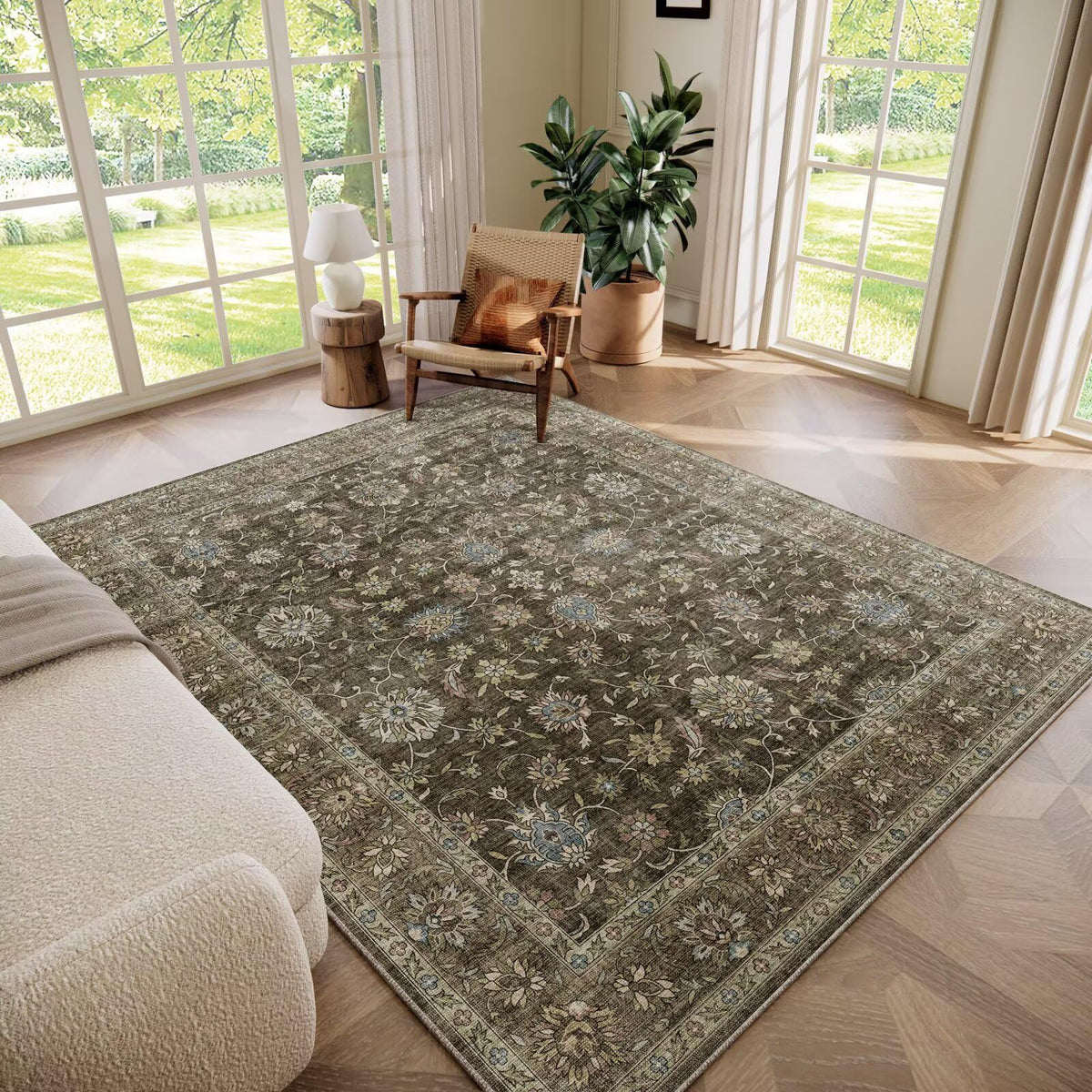 Washable 10x14 Area Rugs for Living Room, Ivory/Sage Gold