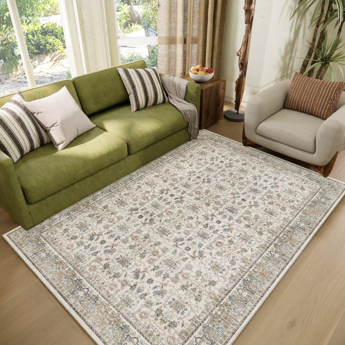 Washable 10x14 Area Rugs for Living Room, Ivory/Sage Gold
