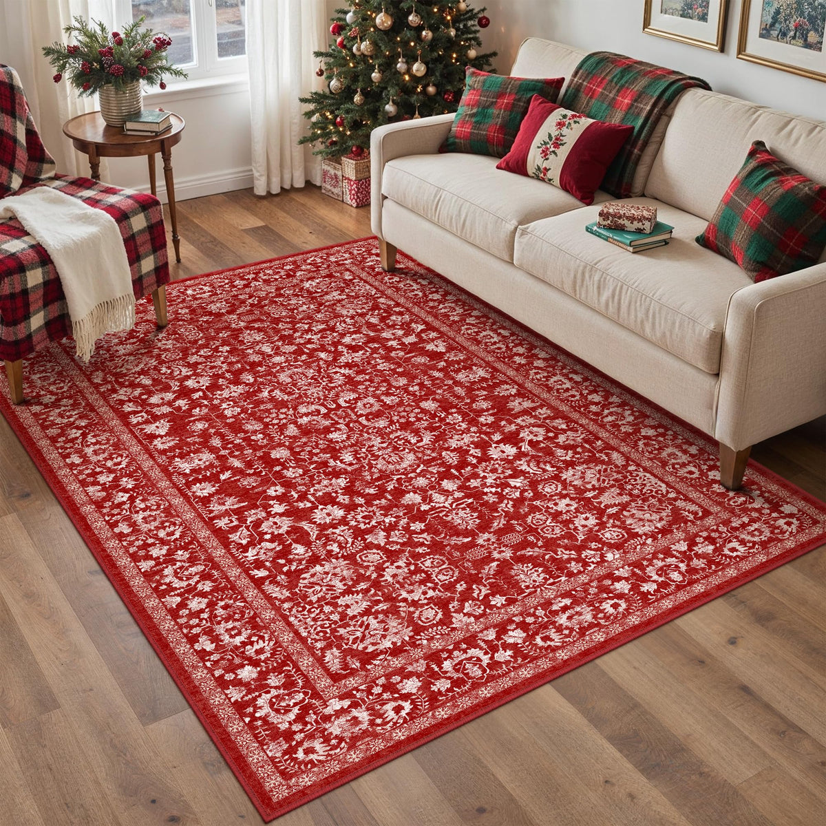 PureCozy Beige Area Rug 5x7 Vintage Farmhouse Floral