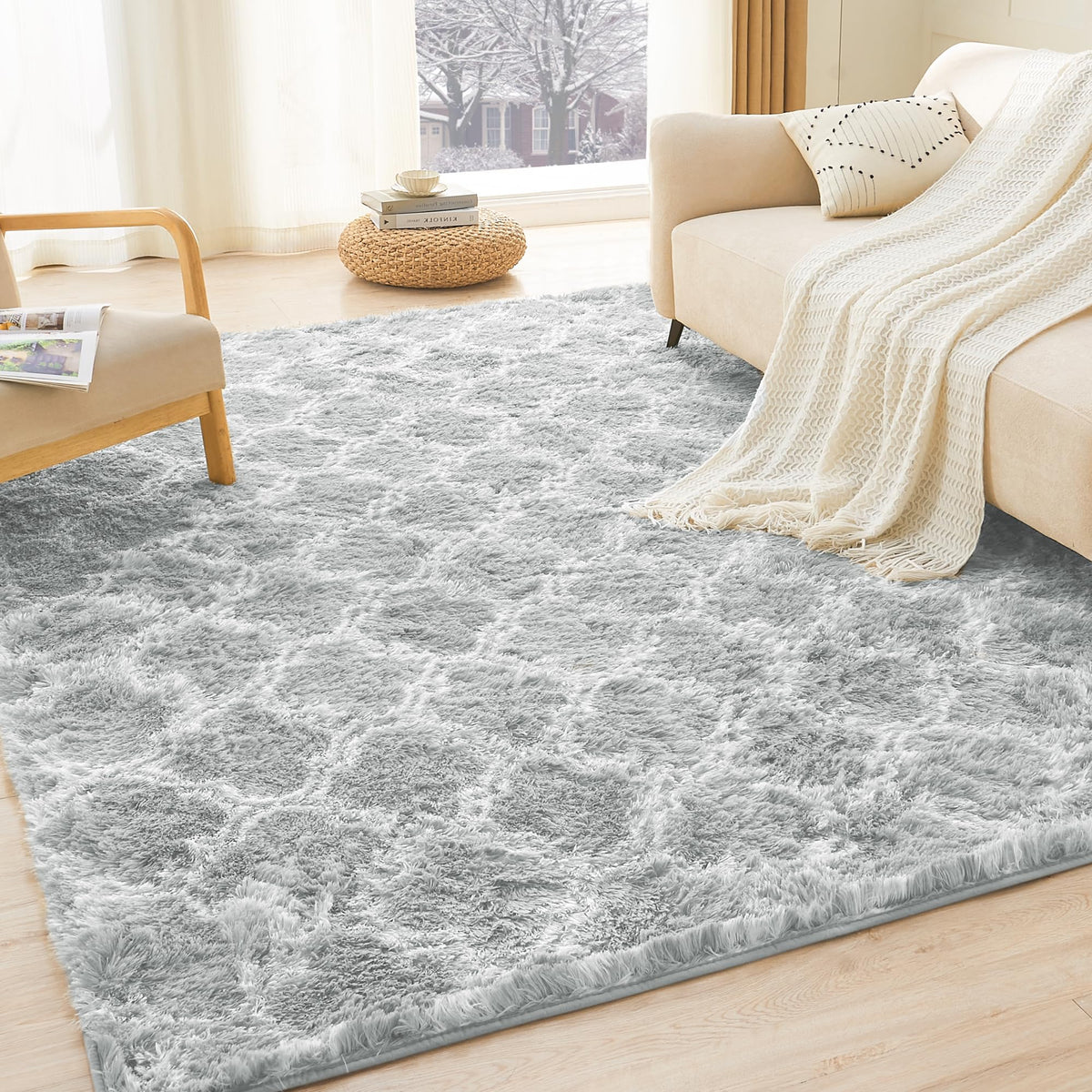 Litanika 4x6 Shag Area Rug for Bedroom, Tie-Dyed Beige Plush Rug