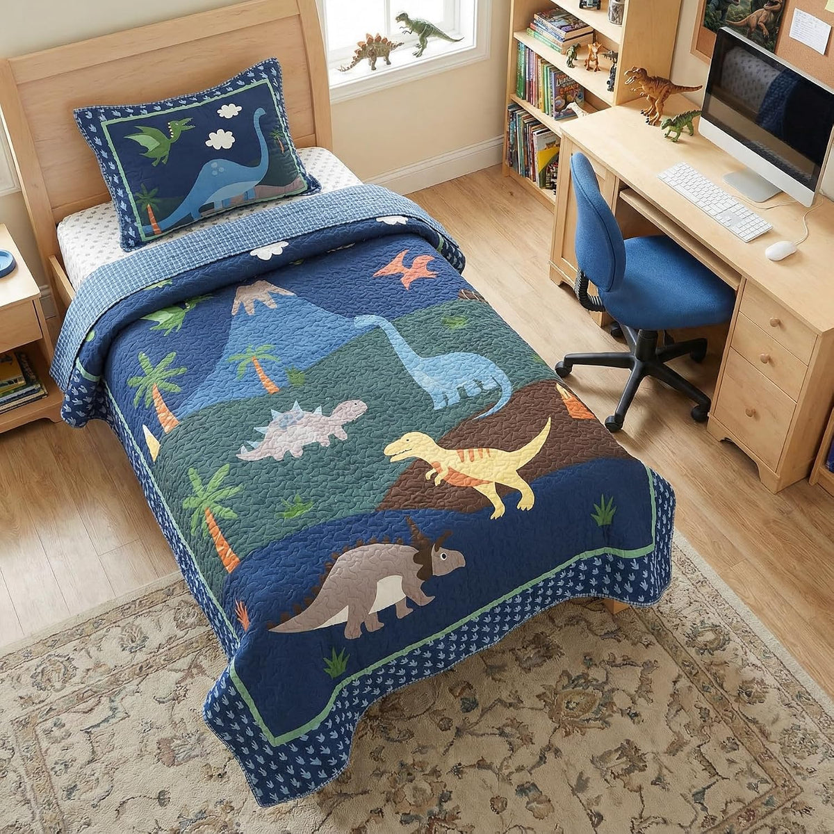 Soul & Lane - Dinosaur Quilt Set, Kids Dino Bedding, Twin with 1 Sham