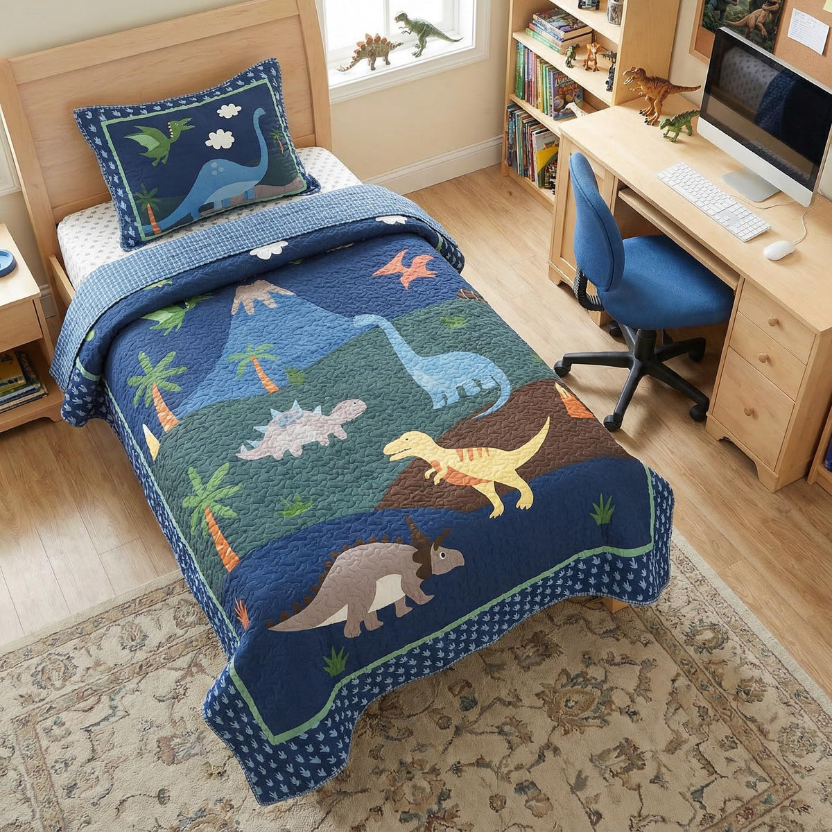 Soul & Lane - Dinosaur Quilt Set, Kids Dino Bedding, Twin with 1 Sham