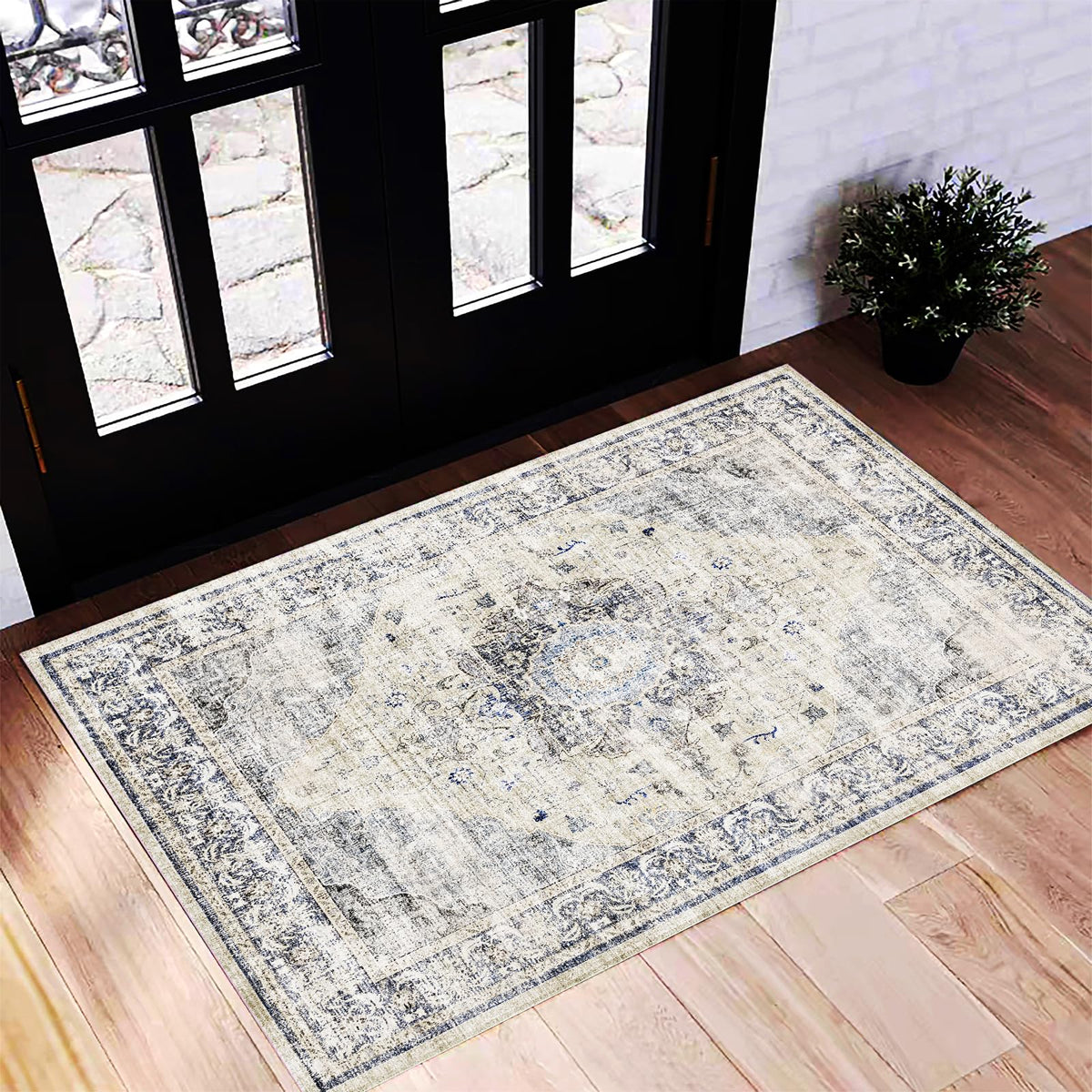 CHAMPLANT Area Rug 4x6 Washable Rug Gray Vintage Traditional Floor Cover Foldable Thin Retro Accent Indoor Distressed Non Slip Carpet Floral Print Mat Bedroom Living Room Bathroom